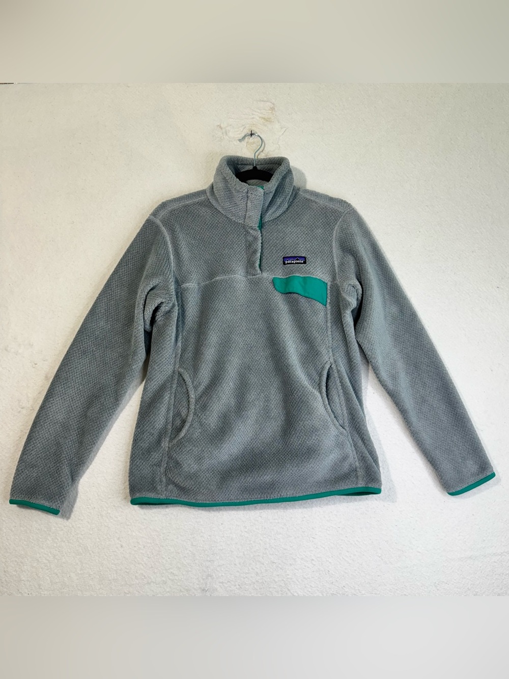 Patagonia Re-Tool Gray Polartec Thermal Fleece Pullover Teal Trim Women’s Medium